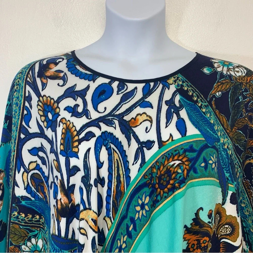Chicos Fringe Poncho Top‎ OS  Blue Floral Lightweight Boho Fairy Tropical Travel - Picture 2 of 8